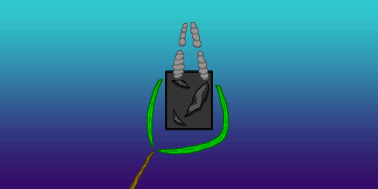 This brown wand is shooting out a green-colored spell that is going around the broken tablet device with 3 cracks, as if it is repairing it. It has gray smoke billowing above it amidst a dark blue gradient background. This showcases how magic and technology can help each other.