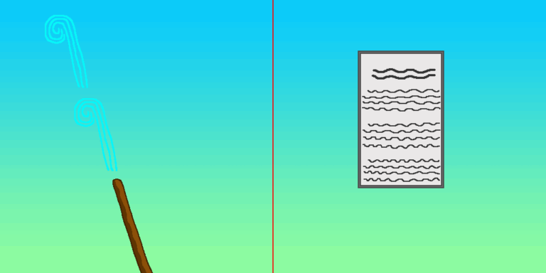 Magic vs technology is represented by the brown wand shooting gusts of blue wind on the left side and a smart device with an article on the right side. A red line splits the two and sits in the middle of a blue-green gradient background with the green at the bottom and the blue on top.
