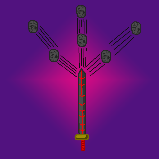 Powerful Magic Sword » Viernor One of many magical objects in fantasy, this powerful sword has a dark gray blade with red veins running through it. It has a golden pommel and a red hilt. It's shooting black balls amidst a purple-pink background with the latter resembling a diamond.