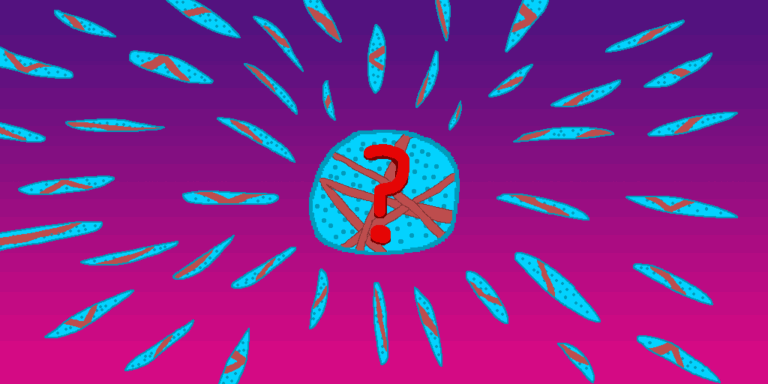 A large blue circle with a red question mark and red lines running through it. It's surrounded by many blue oval-shaped objects, each with a red line running through it. They all sit in front of a purple-pink gradient. These objects all represent the various time travel paradoxes that can ruin a story.