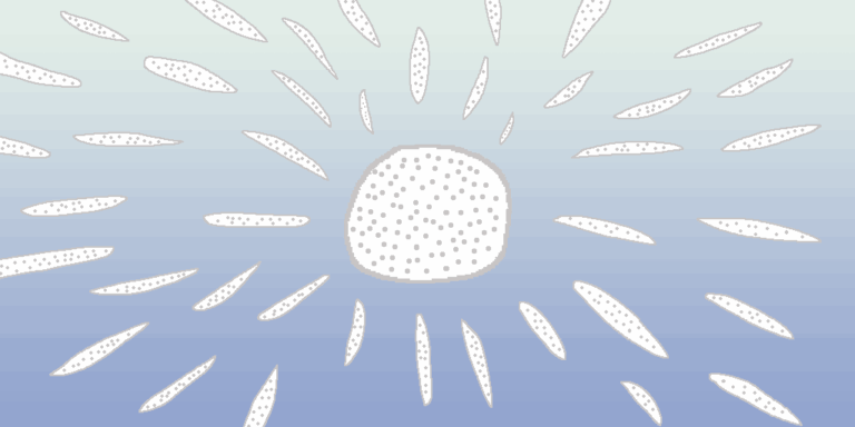A large white circle with small gray circles inside. It is surrounded by many oval-shaped white objects with small gray circles. They all point to it. They all are in front of a light blue gradient background. This is one of many examples of fantasy time travel.