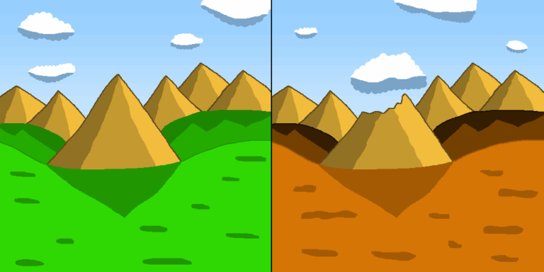 One Mountain 2 Time Periods » Viernor Two pictures depicting the same mountain range in 2 time periods with a blue sky and white clouds. The left shows it in springtime with a green grassy plain and the right shows it in fall with a reddish-orange grassy plain. The center mountain on the right no longer has its top whereas the one on the left does. This is an example how time travel in the world showcases 2 periods of the same world.