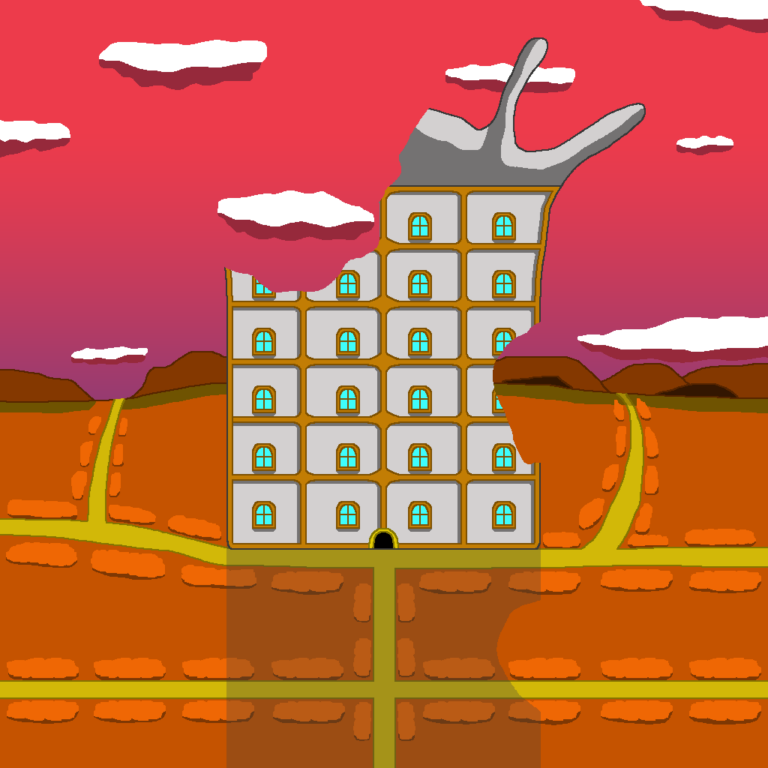 Ruined Building » Viernor A ruined gray building with 2 spires, blue windows, a golden trim, and a black door. There are 2 large gaps, one on the right side and on the top left on the building, on the building. The building sits amid an autumn-like grassy plain with golden roads running throughout with orange bushes on each side. Behind them is a series of dark orange hills. Above the hills is a dark purple-pink sky with white clouds. The ruined building is the parallel universe equivalent of a building that is perfectly intact in the original timeline.