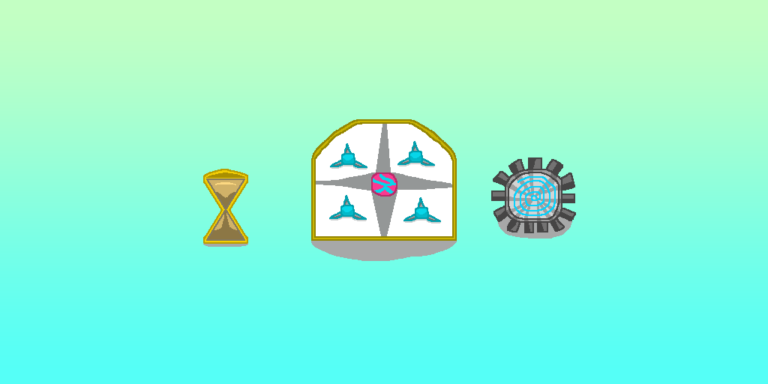 Time Travel Objects » Viernor A white door with a red-blue orb situated in the middle. 4 blue-gray with 3 wings each sit in each corner of the door. To the left of the door is a golden hourglass. A gray gear with a blue swirl at its center lies to the right of the door. These 3 time travel objects sit in front of a green-blue gradient background.