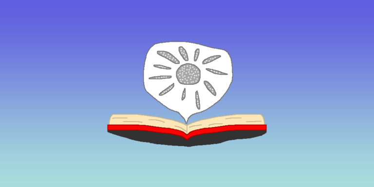 Time Travel and Book » Viernor An open red book with a speech bubble above it. Within the bubble is a large gray circle that is surrounded by smaller ovals. They all contain little white blobs. The background is a blue gradient. This is an illustration of time travel in your story.