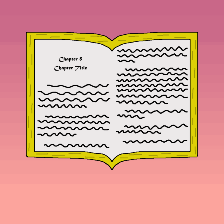 Time Travel in Story » Viernor A book with yellow covers that is open, revealing Chapter 8: Chapter Title. The squiggly lines denote paragraphs. The book sits on a pinkish gradient background. This book features time time travel in the story.