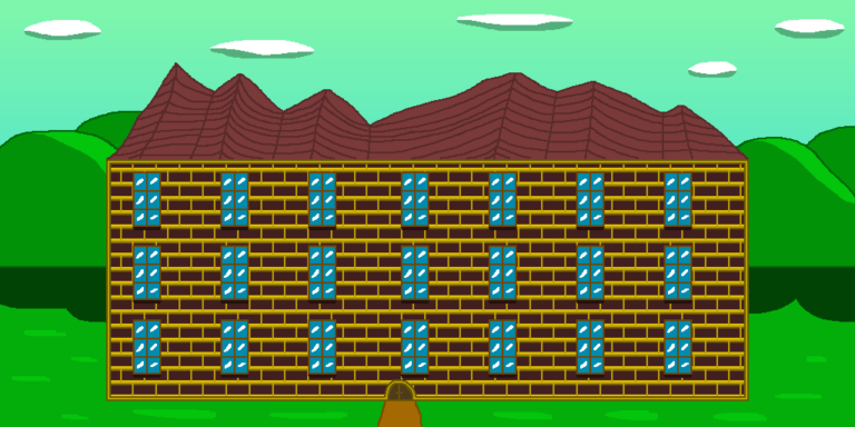 The place where the fantasy banker works, this bank has a dark red exterior with a golden brick texture and trim. It has a dark red roof and brown doors with a dirt path running from it. The bank sits amid a grassy plain with hills in the background. Above it is a light green sky with five white oval-shaped clouds.