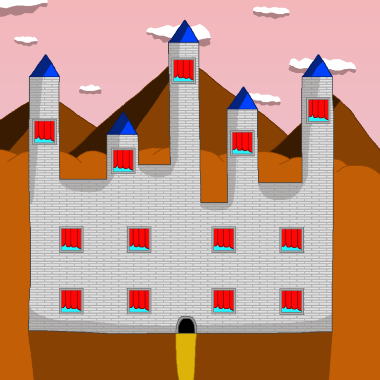 Fantasy Castle in Autumn » Viernor This castle in autumn is the home of the fantasy queen. It has a gray brick exterior with vertical rectangular windows with red curtains. It has five turret towers, each one with a blue spire at its peak. The castle sits amid a dark orange field with hills and mountains in the background. Above it is a pink sky with white clouds.