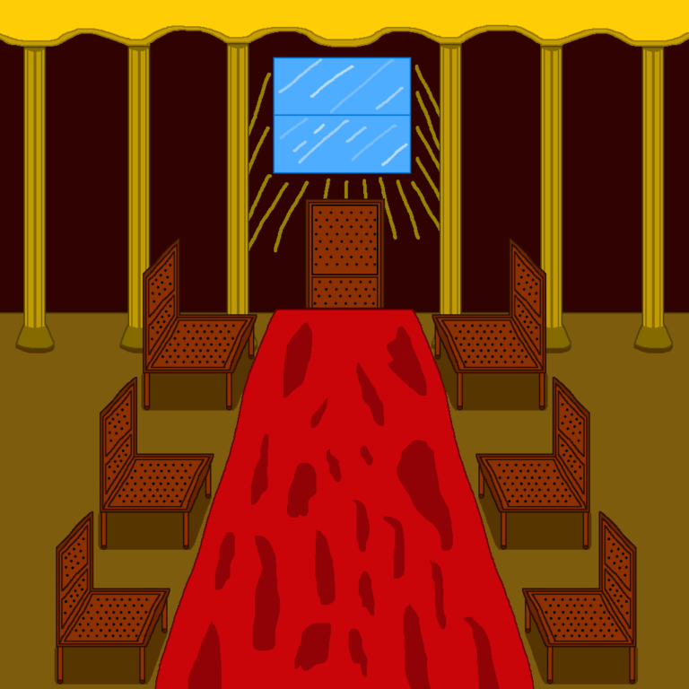 The fantasy royal advisor meets in a room like this one. It has a brown floor, yellow columns in front of a blue window with beams of light shining through. A red table sits in the middle, surrounded by seven red chairs.