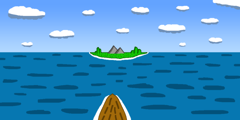 Smuggler Ship » Viernor This fantasy smuggler ship is heading towards an island somewhere in the ocean. The brown ship is approaching a green island with hills and gray mountains. Above the island is the blue sky with white clouds.