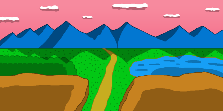 Traveling Merchant » Viernor A road a traveling merchant might take when going from town to town. The brown road meanders through a green grassy plain towards a blue mountain range. On the left side is a brown plateau and forest and on the right side is another plateau and a lake. Above the mountains is the pink sky with white clouds.
