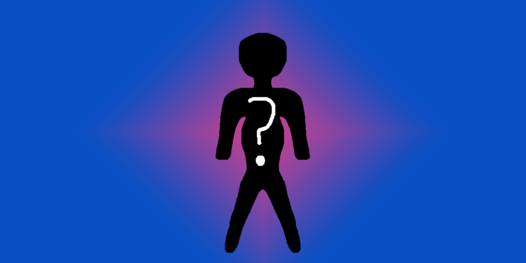 A black silhouette of a character who appears in a fictional world. It could be a fantasy scholar or someone else. This character has a white question mark on his chest and he stands in front of a blue-purple gradient background with the purple shaped like a diamond right behind him.