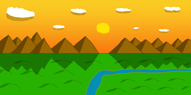A world created by fantasy gods. It's a green grassy plain with rolling hills, a river, and a mountain range. Above the mountains is the orange sky with the sun and white clouds.