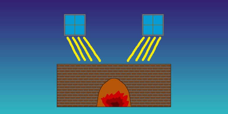 A brown fireplace with a roaring fire in the middle. Above the fireplace are 2 blue windows with sunbeams going towards the fireplace. The background is a blue gradient from a darker blue at the top to a lighter blue at the bottom. The Sunlit Hearth explores a variety of topics such as classic fantasy.