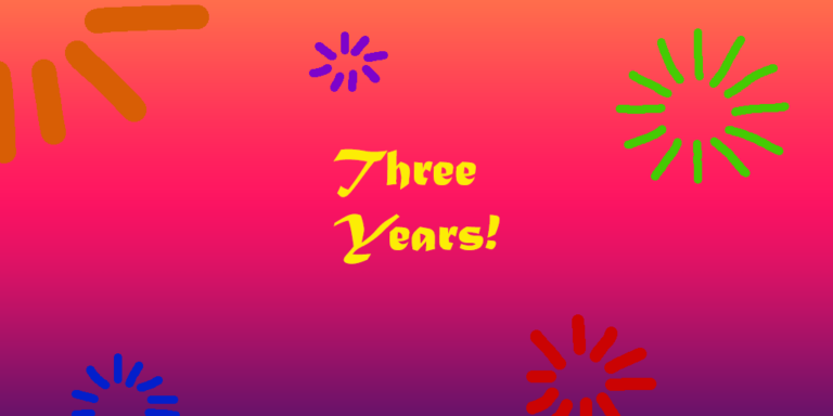 Three Years » Viernor The words three years are colored in yellow amid a reddish-purple background. Various colored fireworks such as green, orange, red, blue, and purple appear in various parts of the image.
