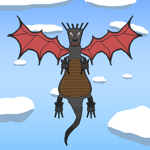 One of many fantasy dragons, this black one is flying high up in the skies. This one has red eyes, a brownish underbelly, red snake-like eyes and black horns that resemble a crown. It is flying amid a blue sky with white clouds.
