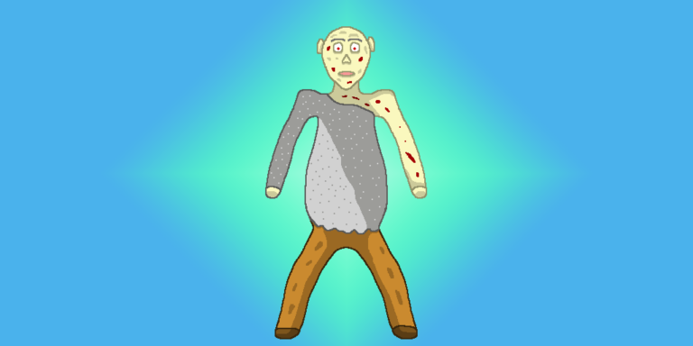 A fantasy giant with pale skin, torn gray shirt, brown pants, and wounds on the arm, standing against a teal glow.