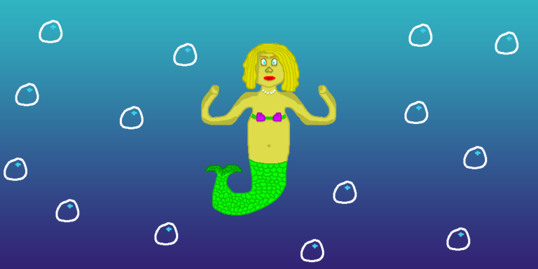 This is one of many fantasy mermaids. This one has blonde hair, purple bikini top, and a green tail, flexing arms underwater among bubbles.