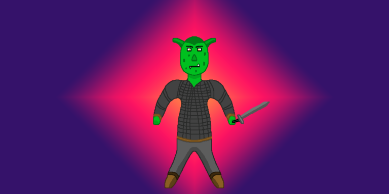 Fantasy Orc » Viernor This green-colored fantasy orc is clad in black armor and is holding a sword in his left hand. He stands in front of a purple-pink diamond gradient background with the latter directly behind him.