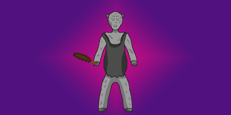 A gray fantasy troll holding a mace club in its right hand. It's wearing a shirt that resembles a gray tank top and it stands in front of a gradient purple-pink background with the latter directly behind the troll.