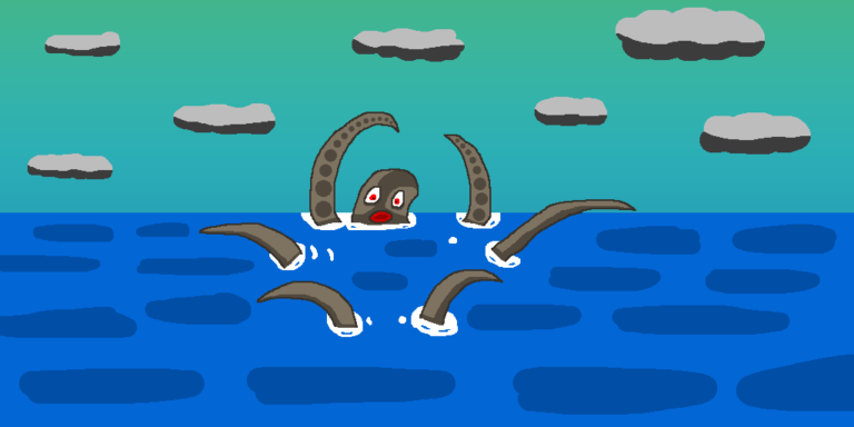 A fantasy kraken with multiple tentacles reaching above dark blue water, eyes glowing red and mouth open, under a teal sky with clouds.