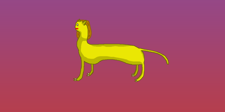 A fantasy sphinx with a brown mane. It stands in front of a purple-pink gradient background.