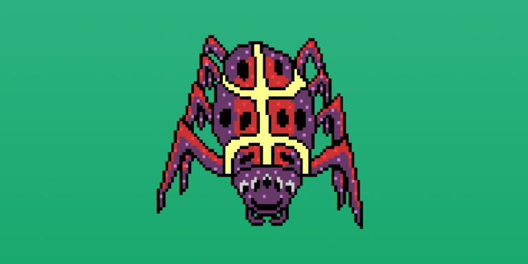 A fantasy spider with a red-purple body, black eyes in front of a green background.