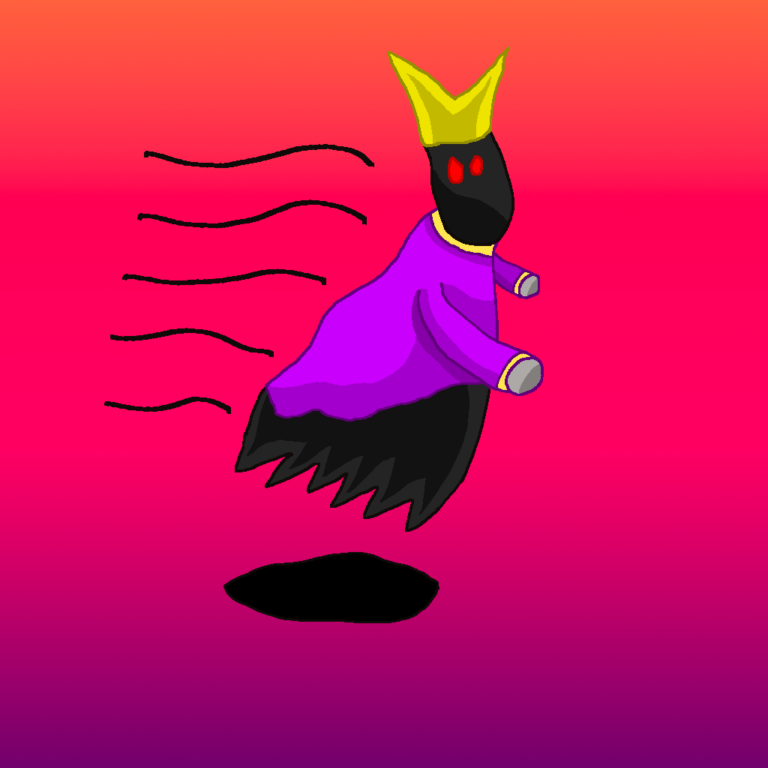 A red-eyed fantasy ghost with a golden crown on its head floating in midair. It has a purple outfit and is floating in front of a red-purple gradient background.