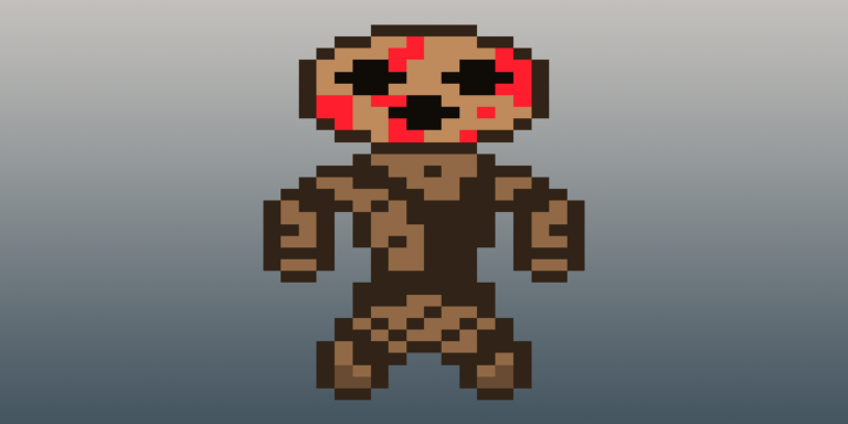 Fantasy Undead » Viernor » Viernor A brown-skinned fantasy undead with dark eyes, visible bloodstains on its face and a corpse-like body in front of a gradient gray background.