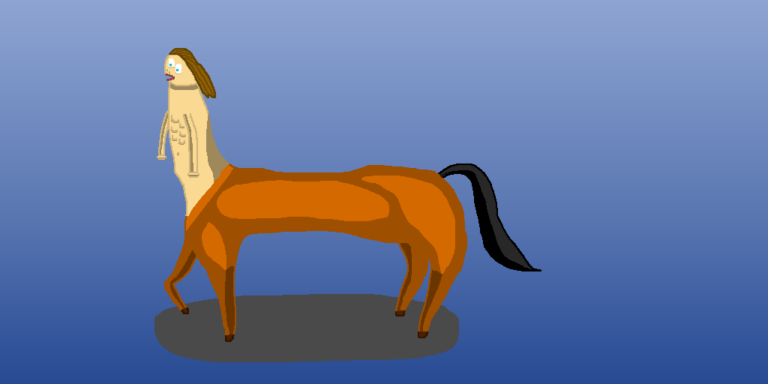 Fantasy Centaur » Viernor » Viernor A male fantasy centaur with long, flowing brown hair and blue eyes. It has a brown body and black tail. It is in front of a blue gradient background.