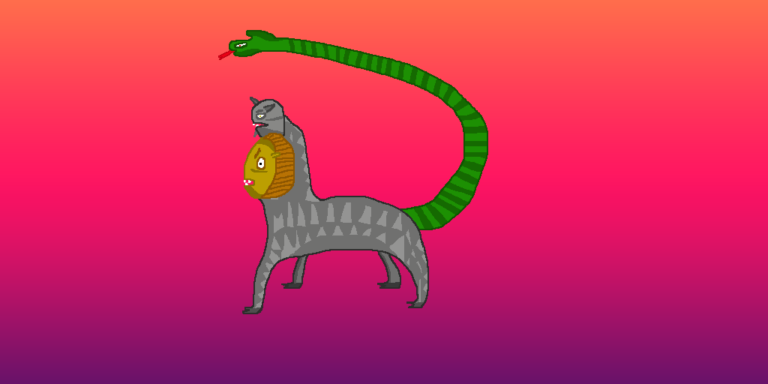 A fantasy chimera with a lion's head, goat's body, and snake tail in front of a pink-purple gradient background.