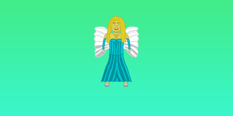 A fantasy fairy with long blond hair, green eyes, a blue dress, and white wings floating in front of a green gradient background.