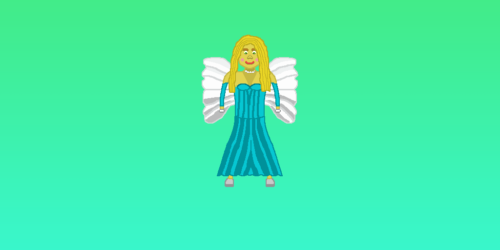 A fantasy fairy with long blond hair, green eyes, a blue dress, and white wings floating in front of a green gradient background.