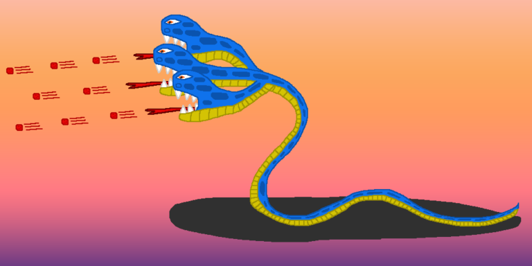 Fantasy Hydra » Viernor » Viernor A three-headed blue fantasy hydra with a golden underbelly shooting fireballs in front of a light orange-purple gradient background.
