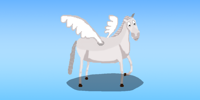 A white fantasy pegasus with white wings in front of a blue gradient background.