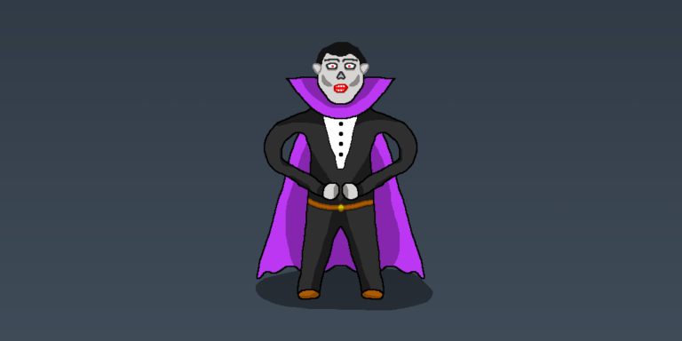 Fantasy Vampire » Viernor » Viernor Cartoon fantasy vampire in a black suit with a purple cape, standing with hands on hips against a dark gradient background.