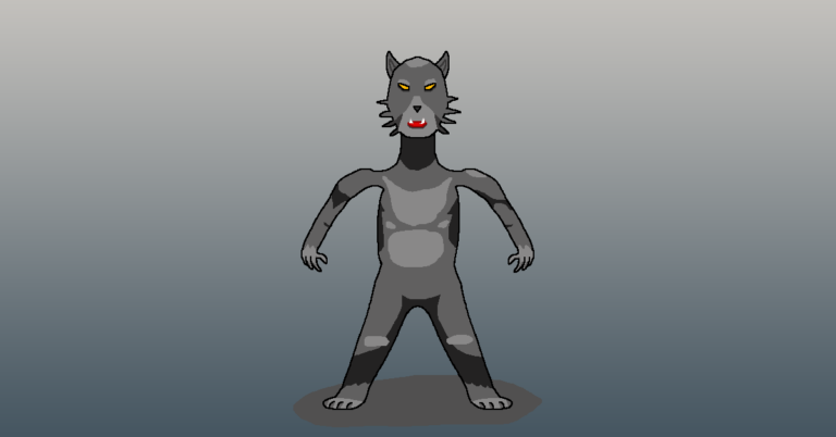 Fantasy Werewolf » Viernor » Viernor A gray fantasy werewolf with yellow eyes in front of a gray gradient background.