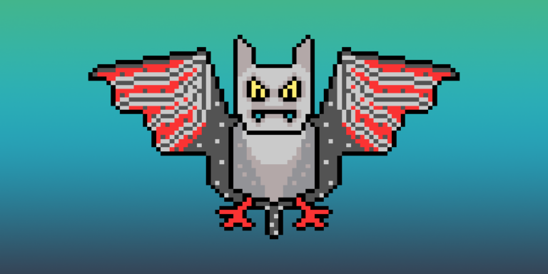 Fantasy Bat » Viernor » Viernor A gray fantasy bat with yellow eyes flapping its wings in front of a green-blue gradient background.