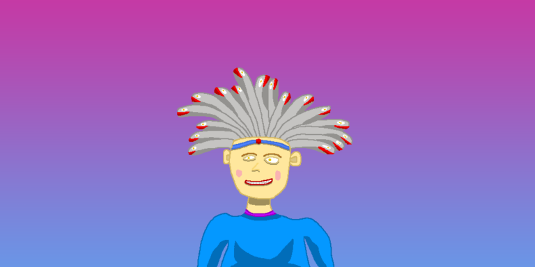 Medusa » Viernor » Viernor A medusa with gray snake hair, a yellowish face, and a blue outfit in front of a gradient purple background.