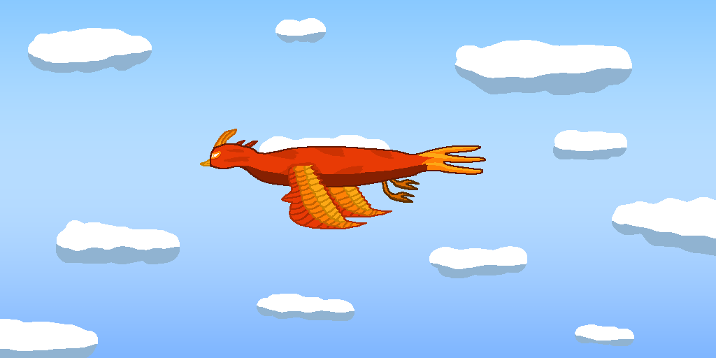 A red mythical phoenix flying in the skies, surrounded by white clouds.