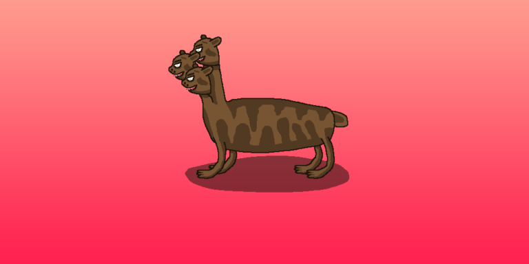 Cerberus » Viernor » Viernor A three-headed Cerberus with yellow eyes in front of a pink gradient background.