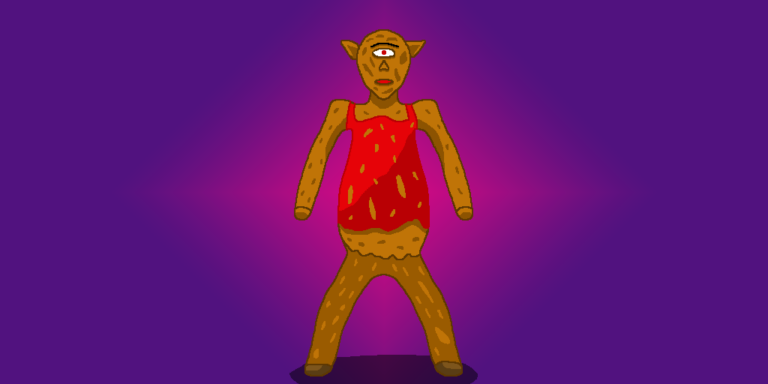 A brown fantasy cyclops with a red eye, a tattered red tank top and brown pants in front of a gradient purple-pink background.