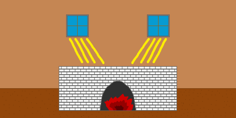 Sunlit Hearth 2 » Viernor » Viernor A white fireplace with a roaring fire situated in the middle. The fireplace sits next to a brown wall with two windows where several beams of sunlight shine upon it. Beneath the fireplace is the brown floor. The Sunlit Hearth series covers a variety of topics such as an unique fantasy town.